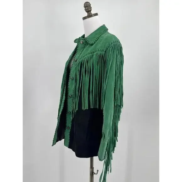 Bob Mackie Wearable Art Vintage Green Suede Leather Fringe Western Jacket Sz S - Picture 2 of 6